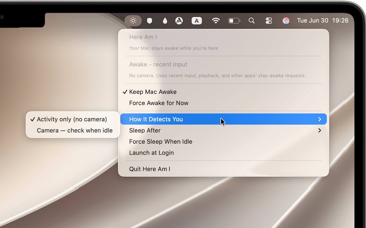 Here Am I activity mode for private Mac keep-awake workflows